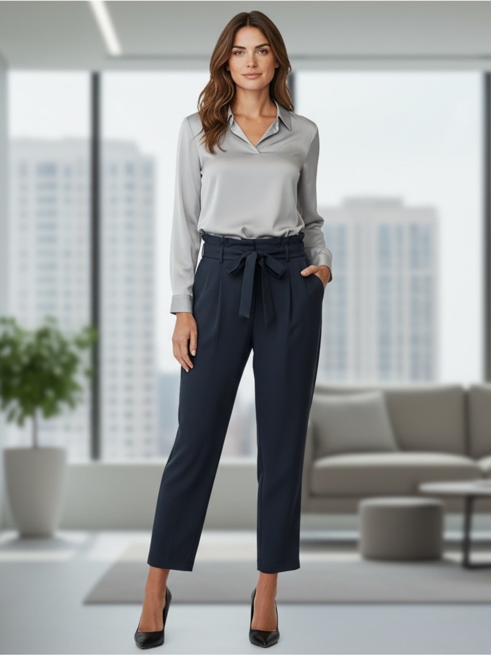 NWT LOFT Paper Bag Belted High Waisted Career Dress Pant SZ Small in Blue Grey